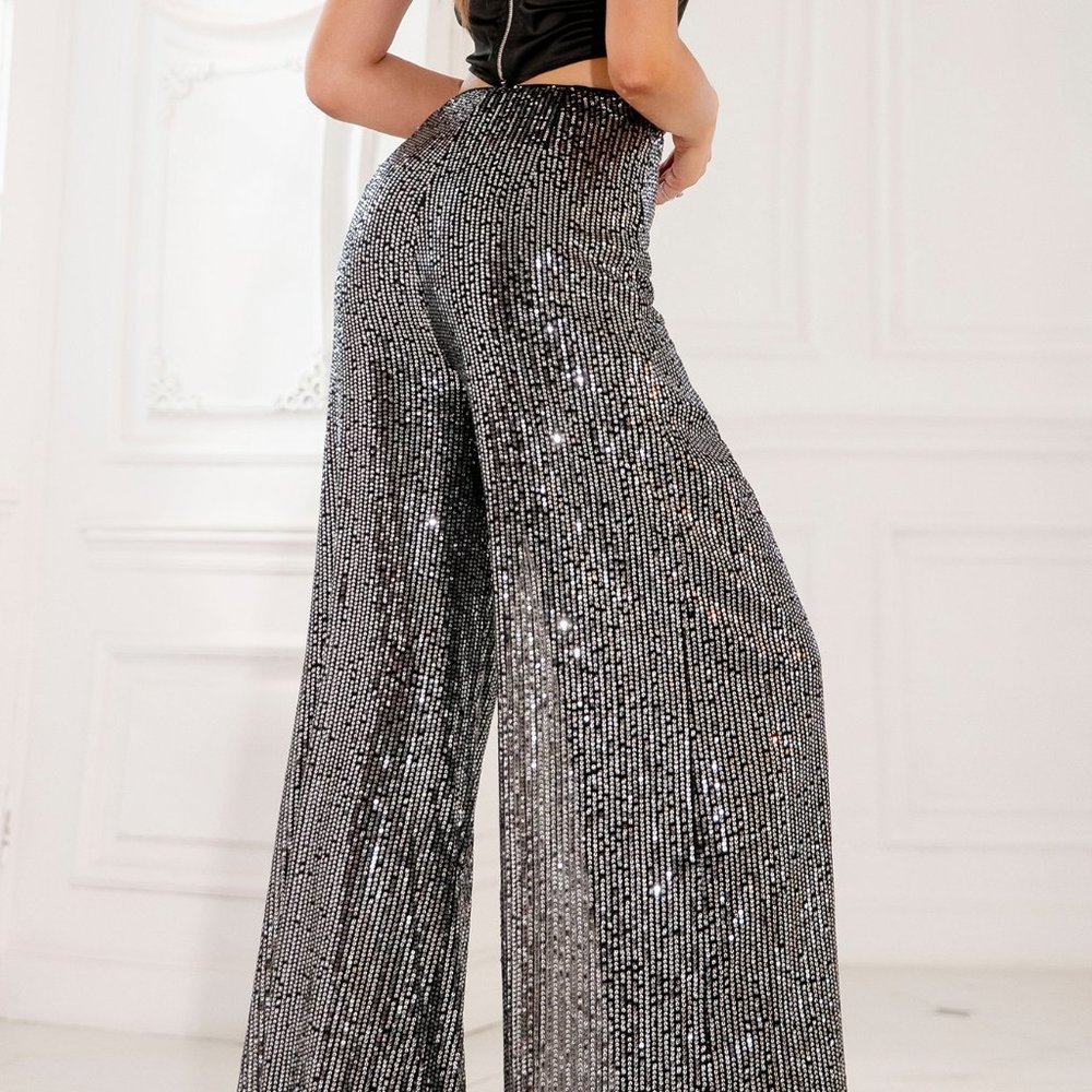 Black Preppy Womens High Waist Fold Pleated Detail Sequin Wide Leg Pants - Picture 2 of 6